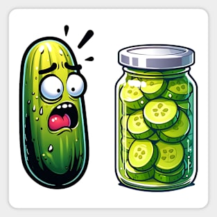 Horrified Cucumber Sees Jar of Sliced Pickles funny design Magnet